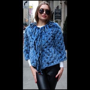 Blue Knit Rex Rabbit Fur Jacket